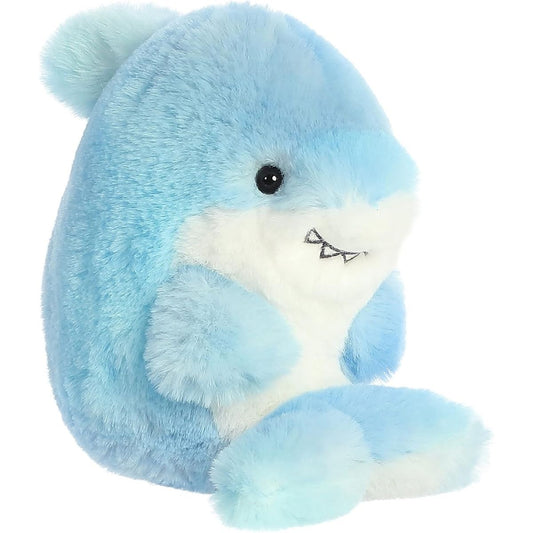 Angled front view of the 5-inch Aurora Rolly Pet Sutton Shark light blue stuffed animal facing slightly to the right.