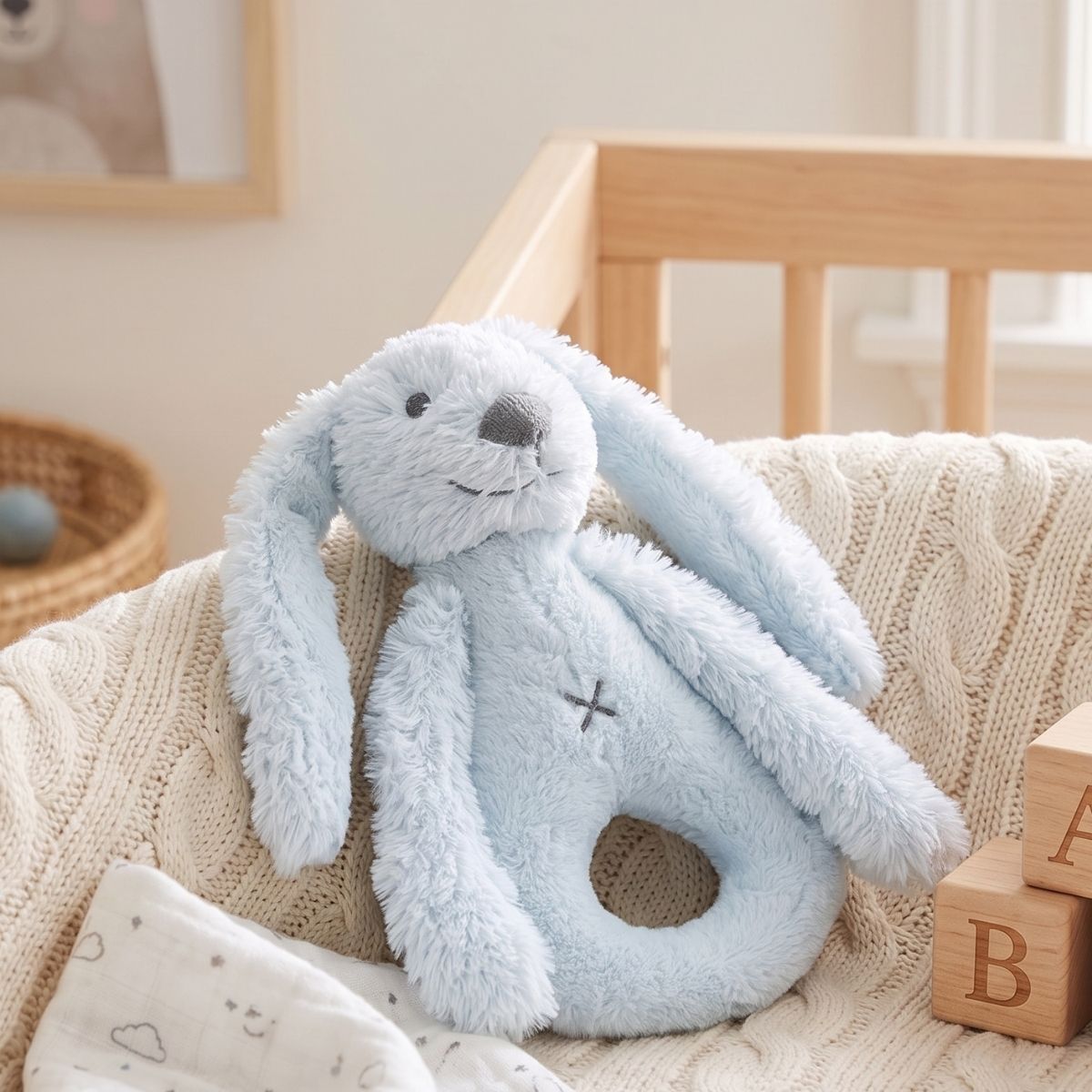 Happy Horse Rabbit Richie blue plush rattle resting on a soft blanket inside a woven nursery basket.