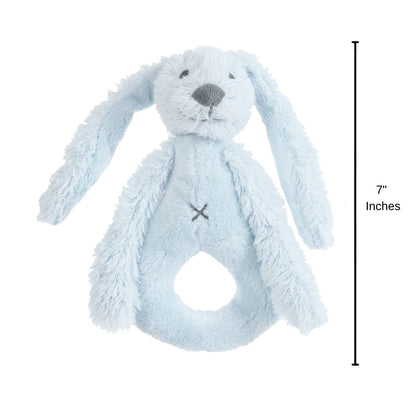 Happy Horse Rabbit Richie blue plush rattle standing upright with a 7-inch height indicator graphic.
