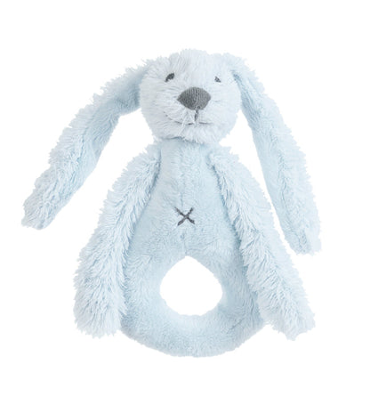 Happy Horse Rabbit Richie soft pastel blue plush ring rattle with long floppy ears and dangling arms against a white background.