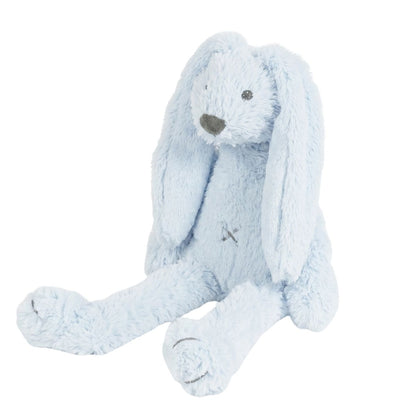 An angled side view of the floppy 11-inch light blue Happy Horse Rabbit Richie stuffed animal showing its long arms and legs.