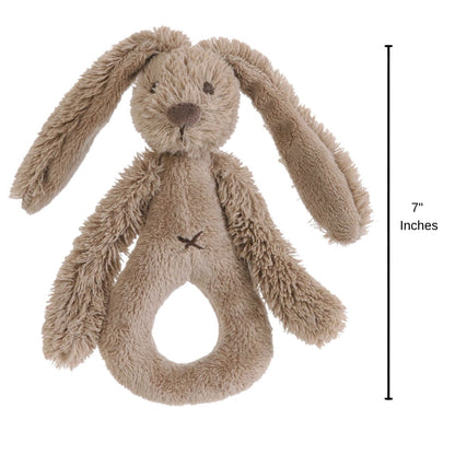 Happy Horse Rabbit Richie clay plush rattle standing upright with a 7-inch height indicator graphic.