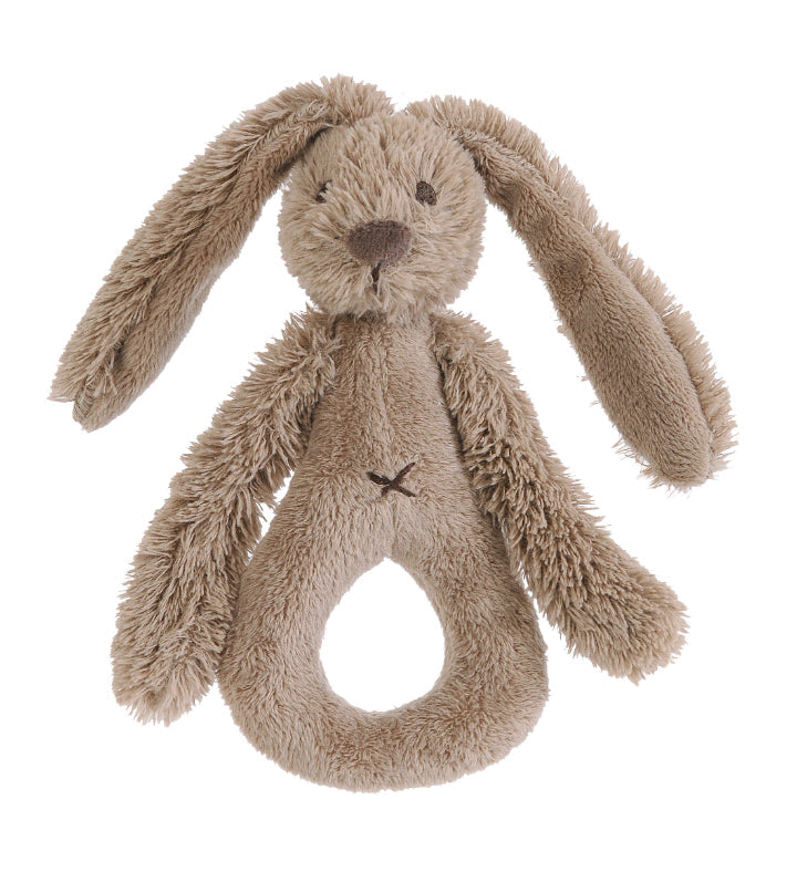 Happy Horse Rabbit Richie soft clay brown plush ring rattle with long floppy ears and dangling arms against a white background.