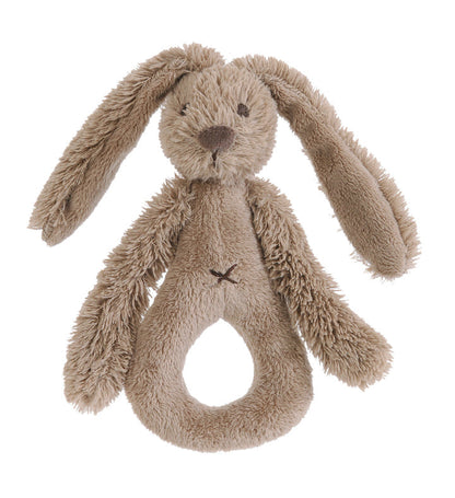 Happy Horse Rabbit Richie soft clay brown plush ring rattle with long floppy ears and dangling arms against a white background.