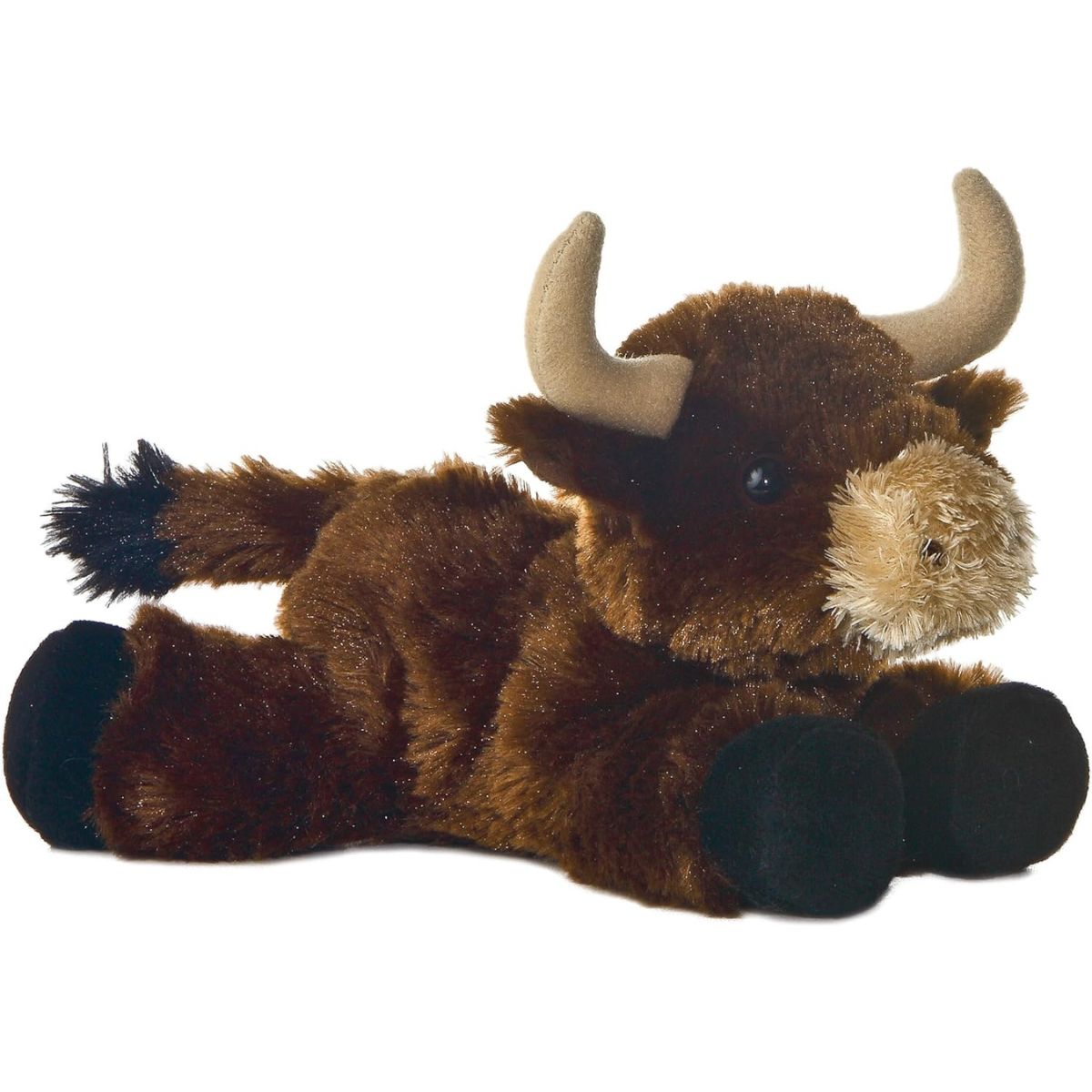 Angled side view of the Aurora Mini Flopsie Brown Toro Bull 8-inch plush resting on its belly, featuring shaggy brown fur and tan horns.