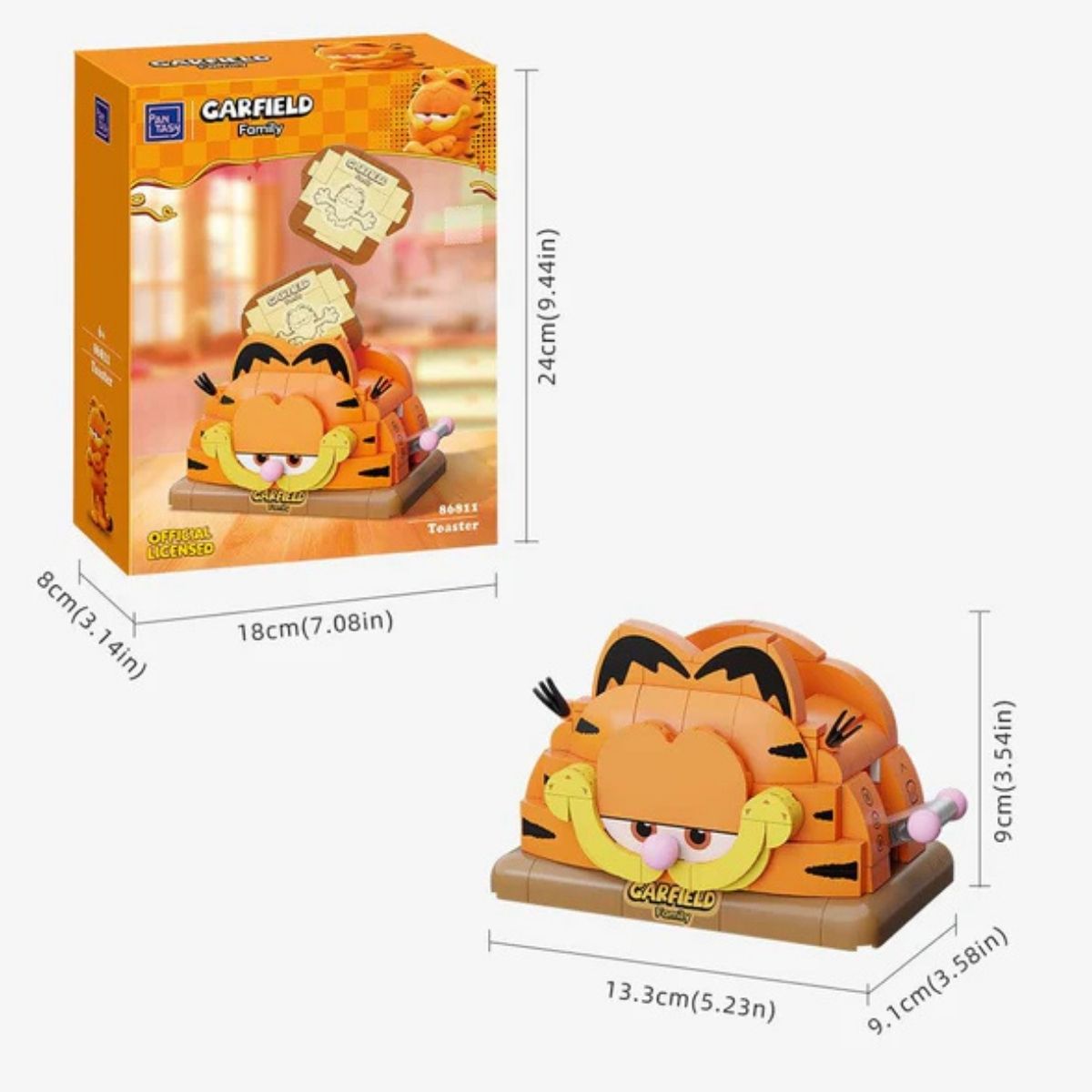 Detailed dimensions and size guide for the Pantasy Garfield Toaster Machine building block model.