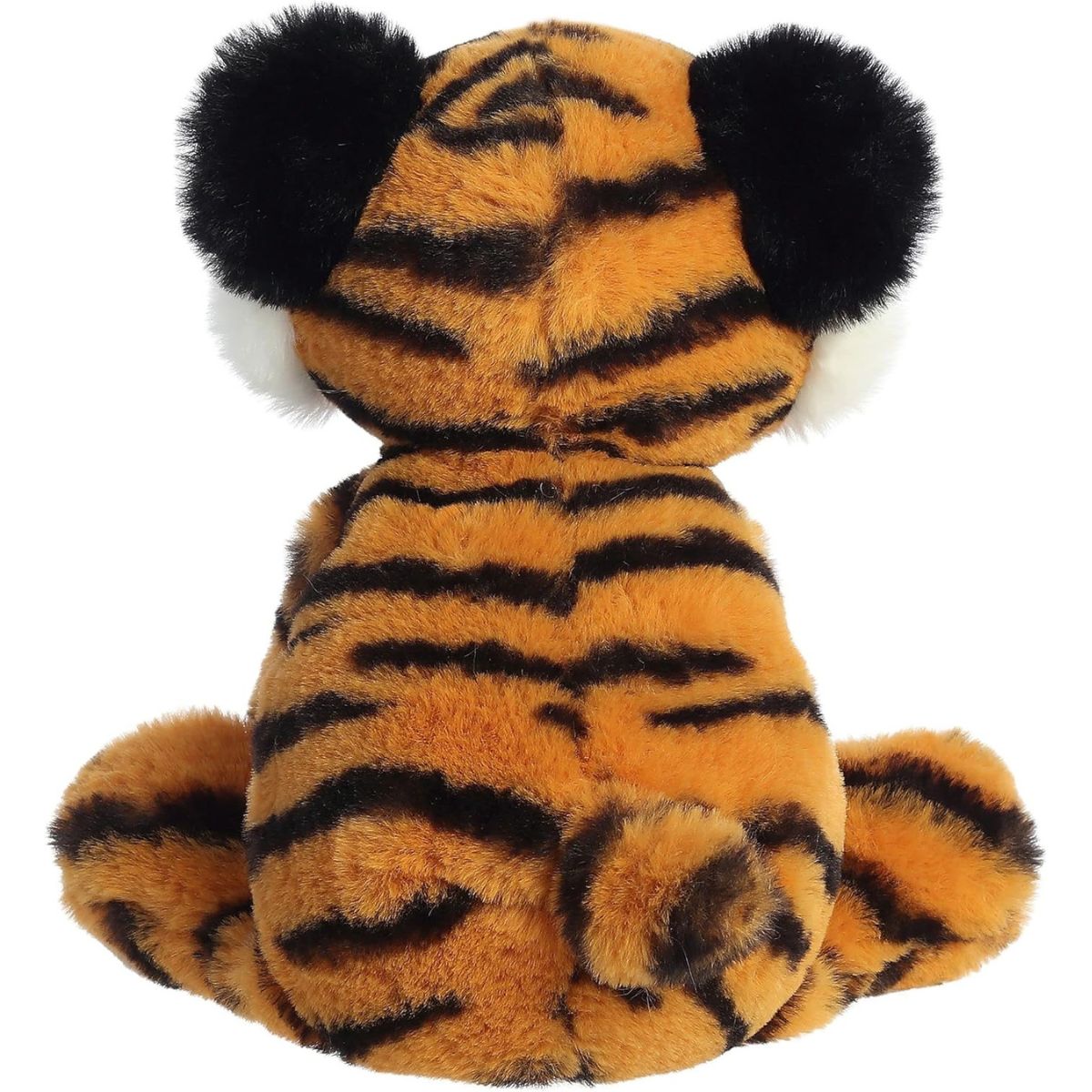 Direct back view of the cuddly tiger stuffed animal highlighting its bold black stripes and the black backs of its round ears.