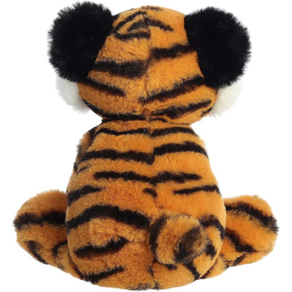 Direct back view of the cuddly tiger stuffed animal highlighting its bold black stripes and the black backs of its round ears.