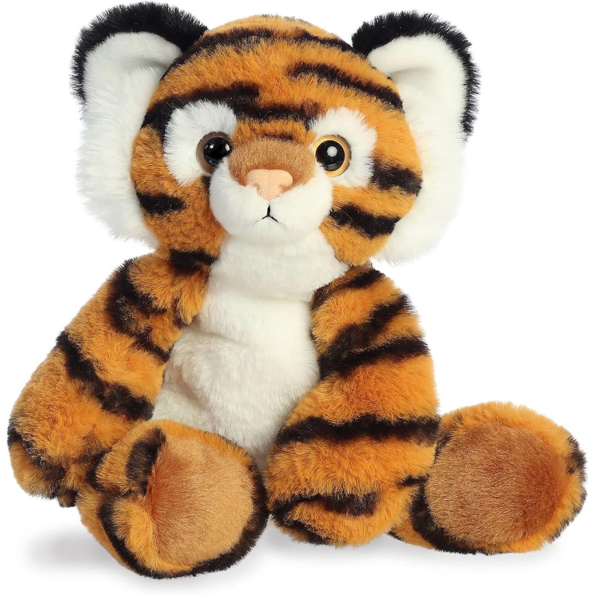 Straight-on front view of the 12-inch Aurora Flopsie Topaz Tiger stuffed animal sitting upright, showing its orange and black striped fur and white belly.