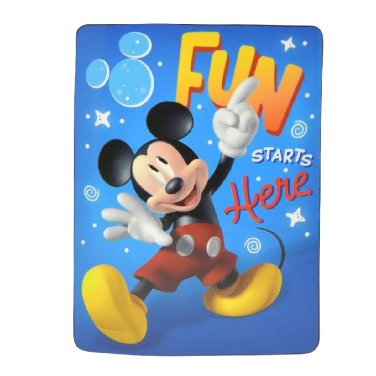 Full flat view of the Disney Mickey Mouse blanket featuring a blue background and the text 'Fun Starts Here'.