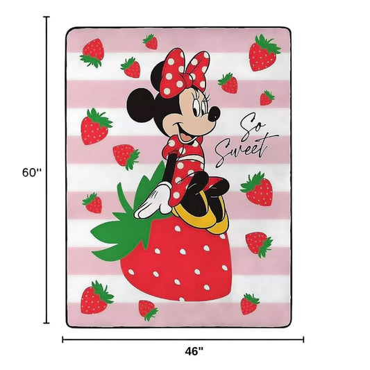 Dimension graphic showing the Minnie Mouse strawberry Silk Touch throw blanket measuring 46 inches wide by 60 inches tall.