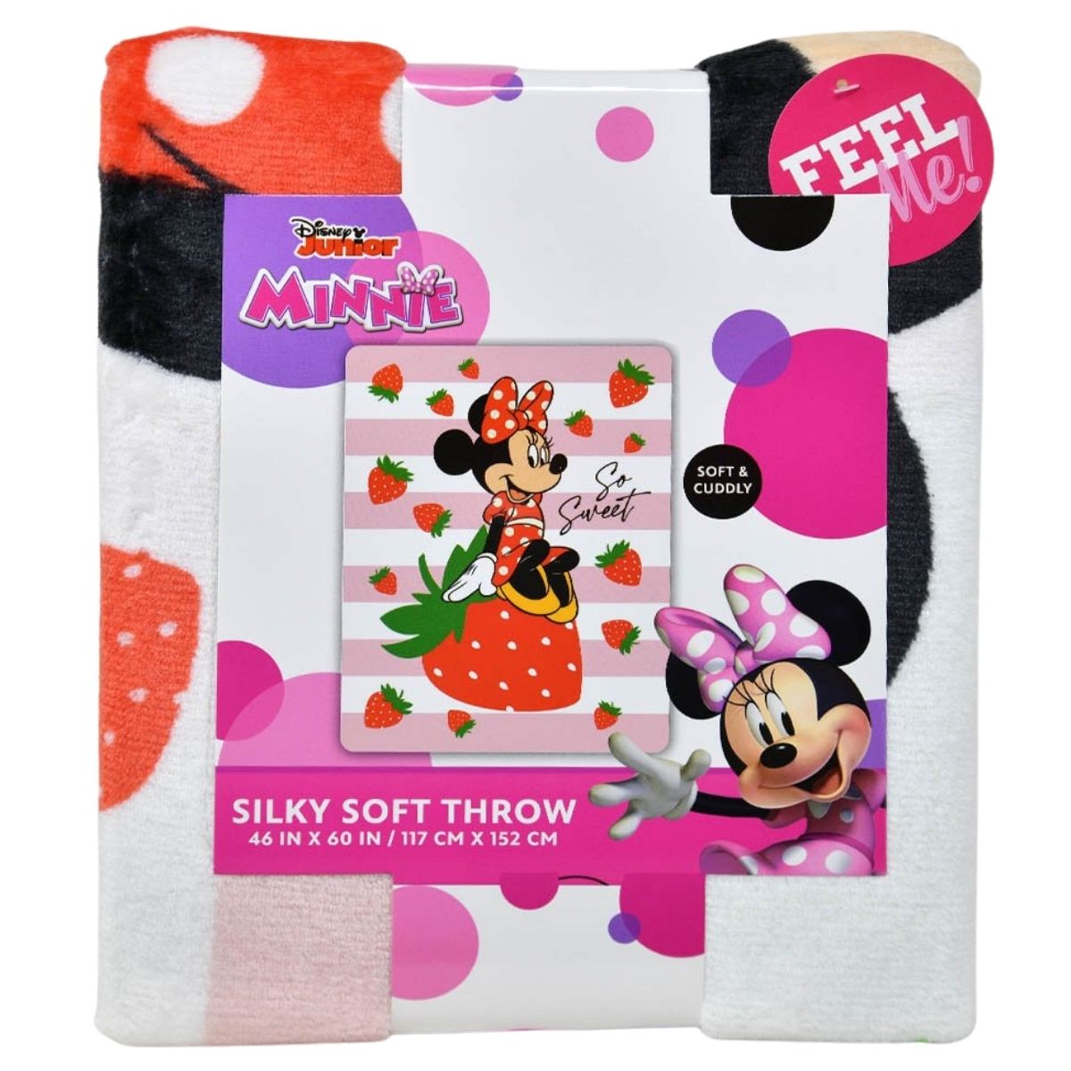 The Minnie Mouse throw blanket neatly folded and packaged with a branded Disney cardboard wrap.