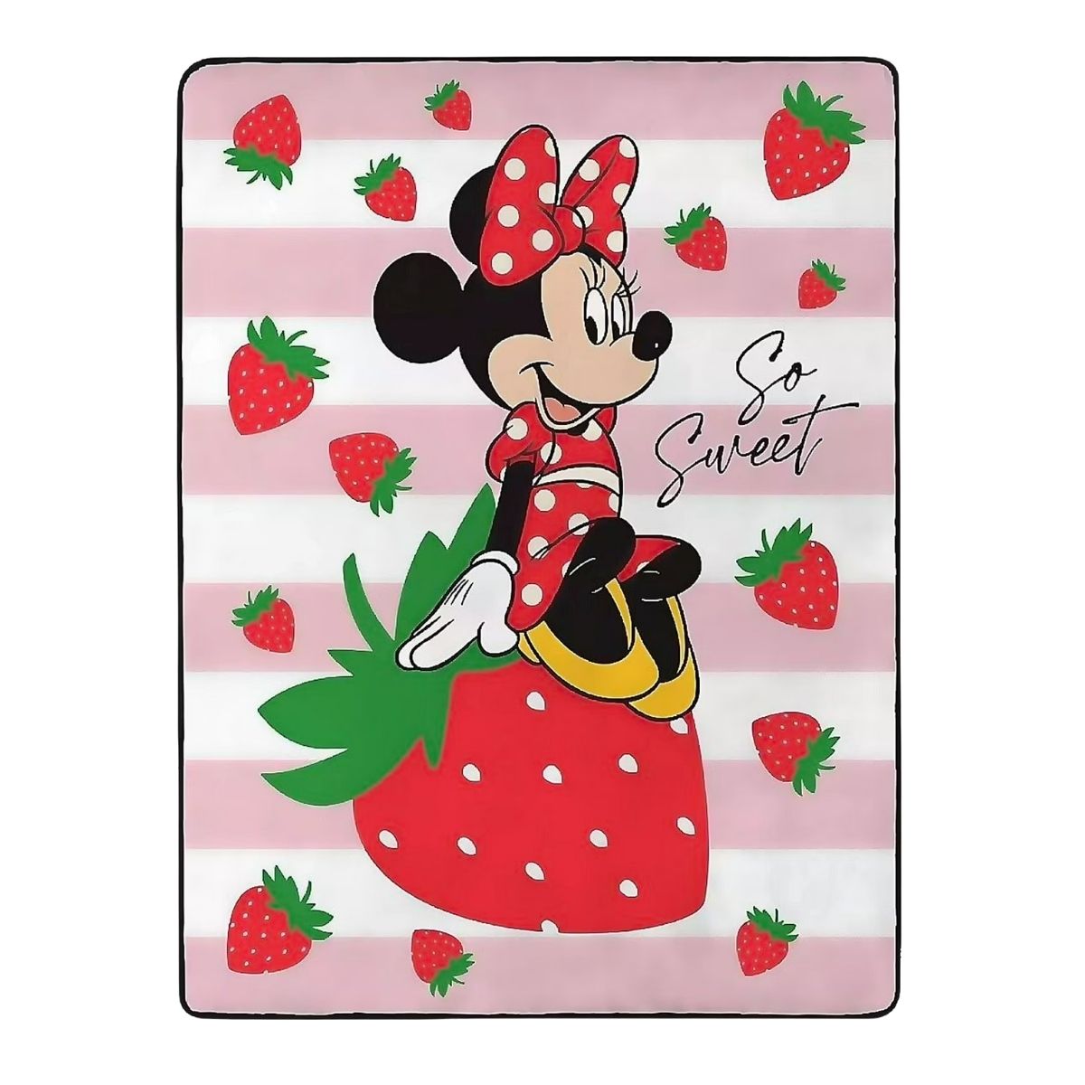 Full flat view of the Disney Minnie Mouse blanket featuring pink stripes, red strawberries, and the text 'So Sweet'.