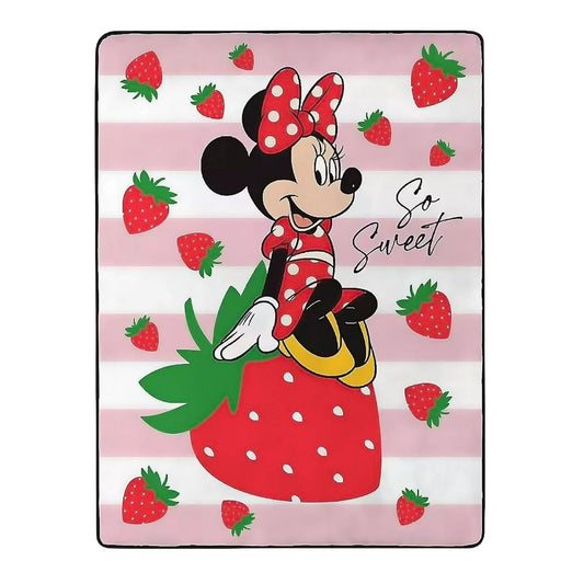 Full flat view of the Disney Minnie Mouse blanket featuring pink stripes, red strawberries, and the text 'So Sweet'.