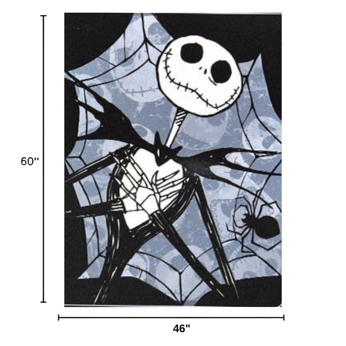 Dimension graphic showing the Jack Skellington throw blanket measuring 46 inches wide by 60 inches tall.