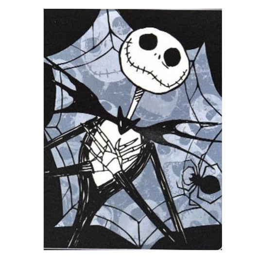 Full flat view of the Nightmare Before Christmas Silk Touch blanket featuring Jack Skellington on a giant spider web background.