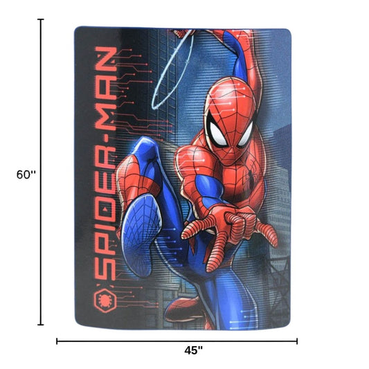 Dimension graphic showing the Spider-Man fleece throw blanket measuring 45 inches wide by 60 inches tall.