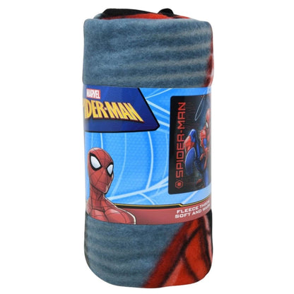 The Marvel Spider-Man fleece blanket tightly rolled and packaged with a branded paper wrap.