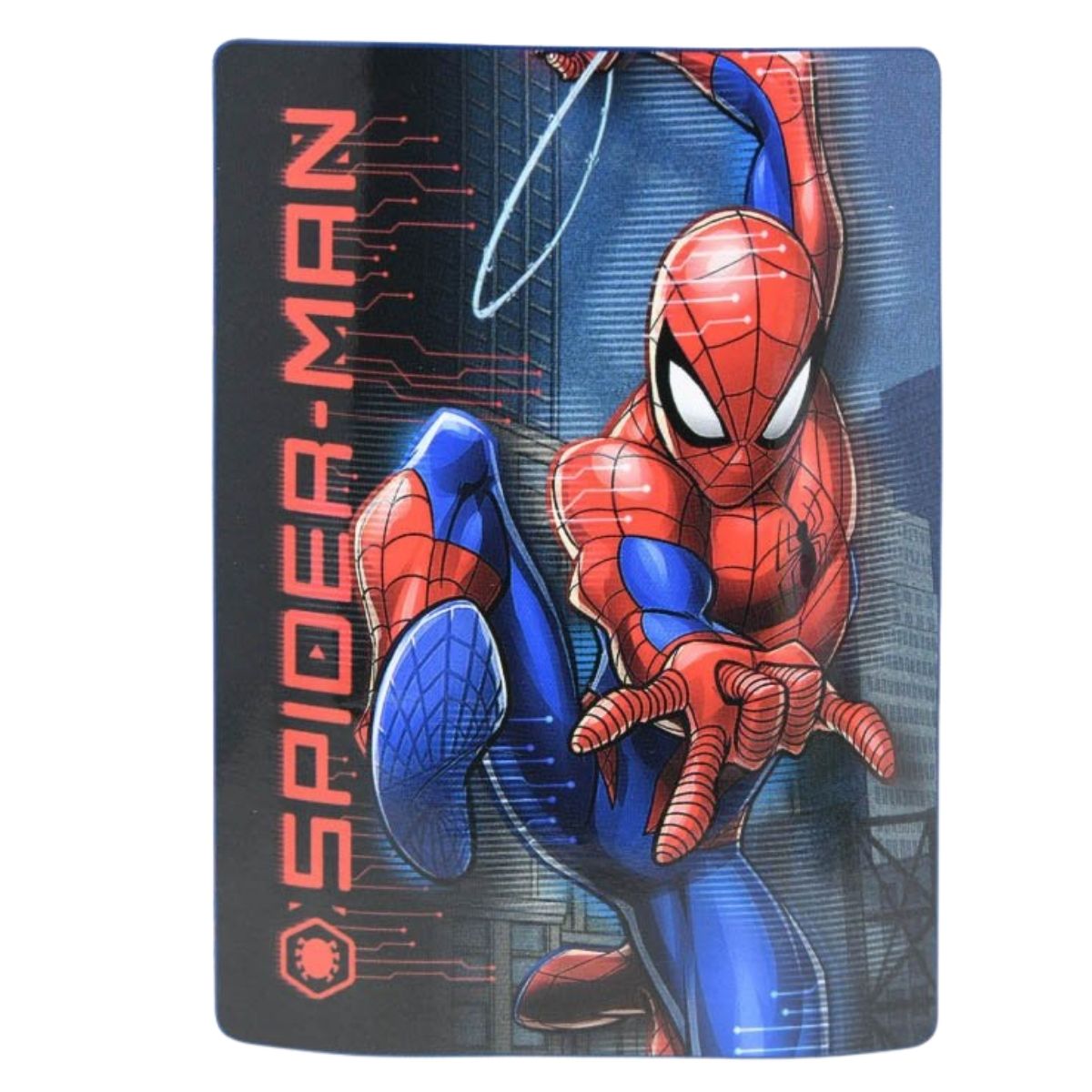 Full flat view of the Marvel Spider-Man fleece blanket featuring a large graphic of Spider-Man swinging and a vertical red logo.