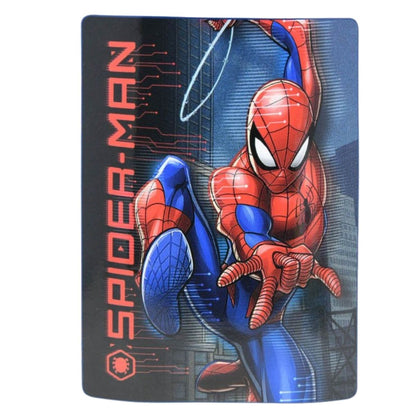 Full flat view of the Marvel Spider-Man fleece blanket featuring a large graphic of Spider-Man swinging and a vertical red logo.
