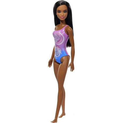 Beach Barbie Doll with Dark Brown Hair Wearing Purple Floral-Print Swimsuit