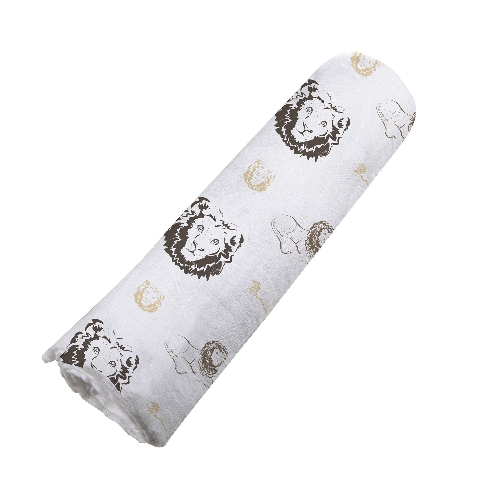 A tightly rolled bamboo muslin swaddle featuring a black sketched lion and gold crown print.