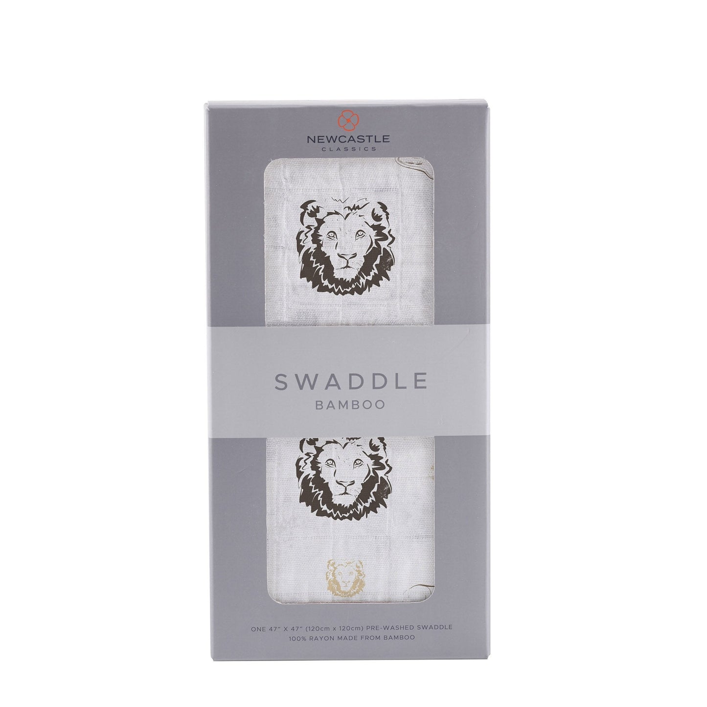 Retail window box packaging for the Newcastle Classics Bamboo Swaddle in Hear Me Roar print.