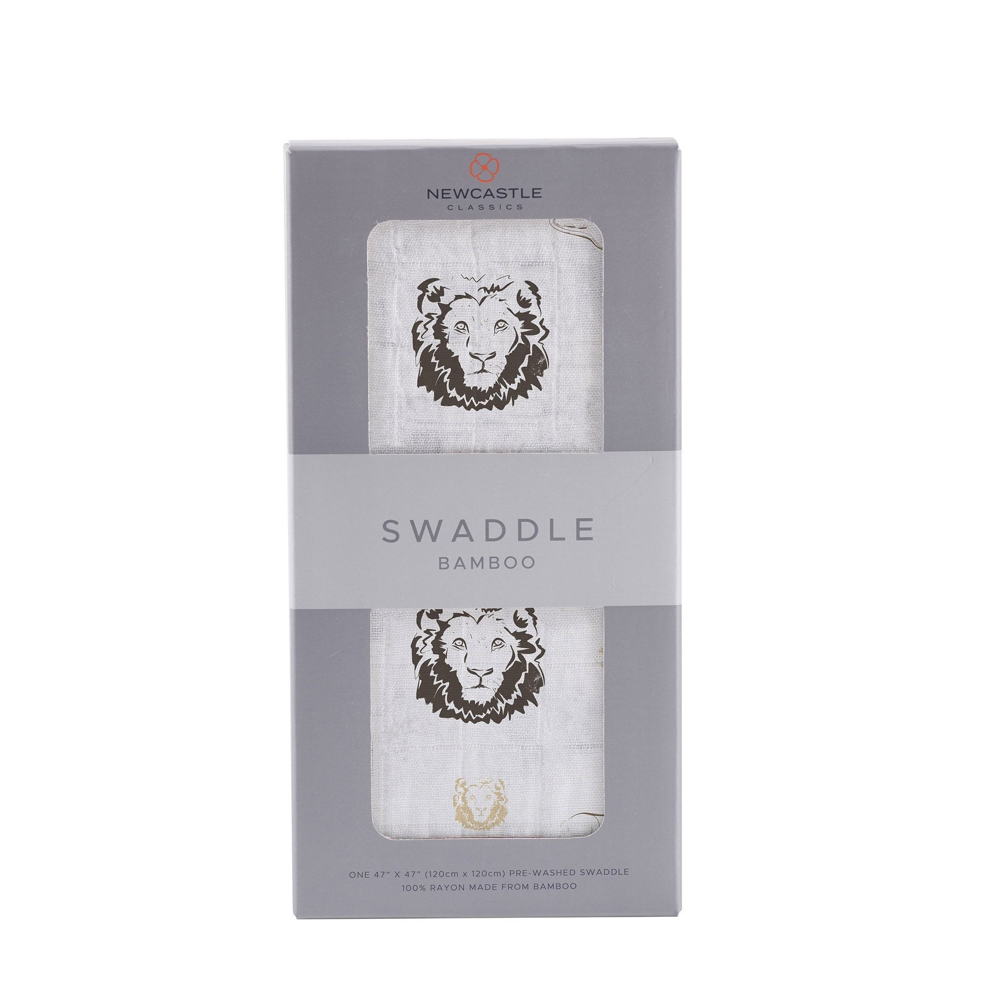 Retail window box packaging for the Newcastle Classics Bamboo Swaddle in Hear Me Roar print.