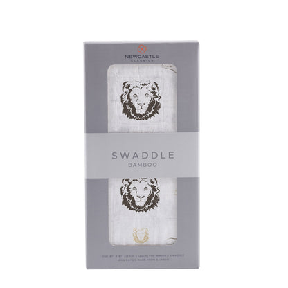 Retail window box packaging for the Newcastle Classics Bamboo Swaddle in Hear Me Roar print.