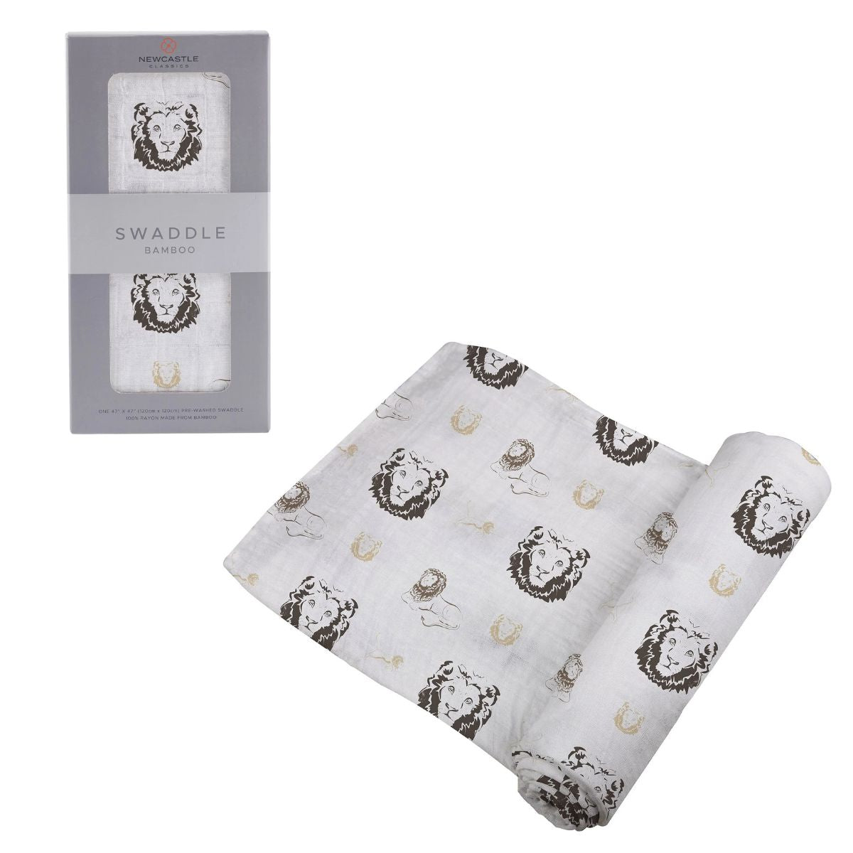 Newcastle Classics Hear Me Roar Lion bamboo swaddle blanket partially unrolled next to its grey retail packaging.