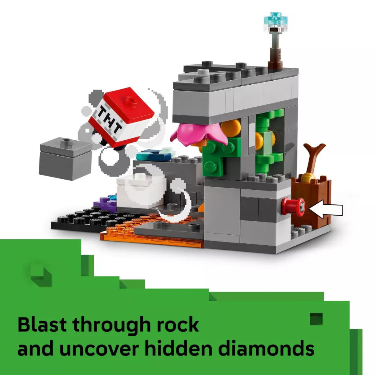 LEGO set with TNT and diamond mine elements on a white background