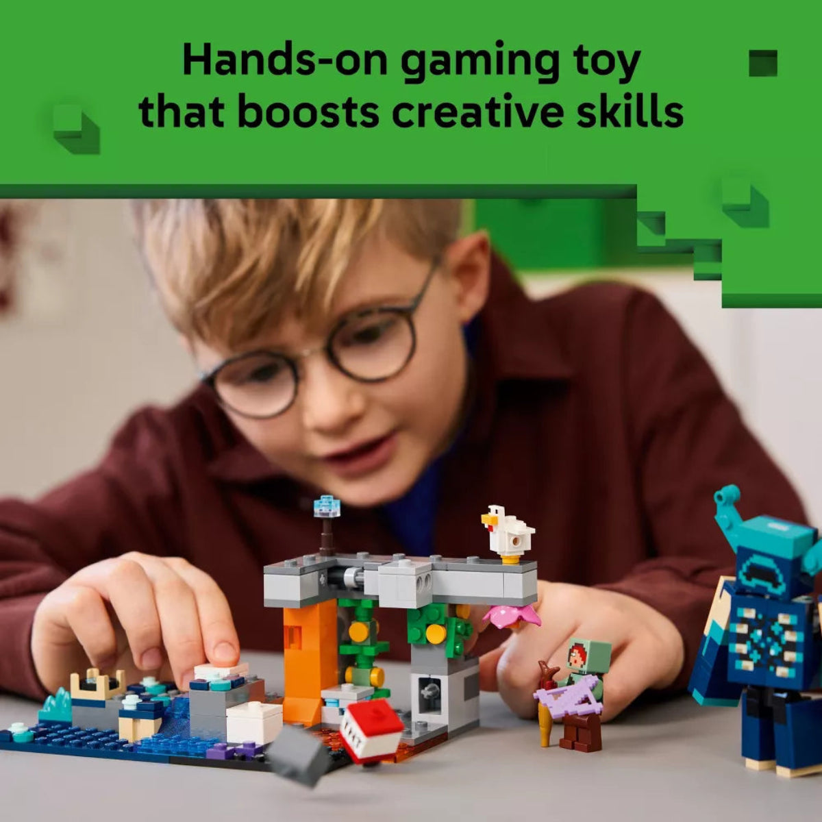 Child playing with a LEGO set, surrounded by colorful building blocks and figures, with a green banner above reading 'Hands-on gaming toy that boosts creative skills'.