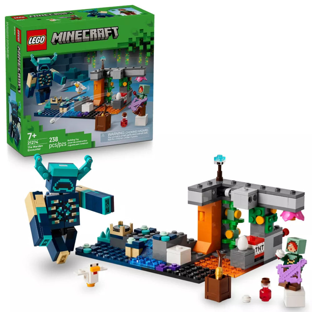 LEGO Minecraft set with characters and structures, including a box in the background.