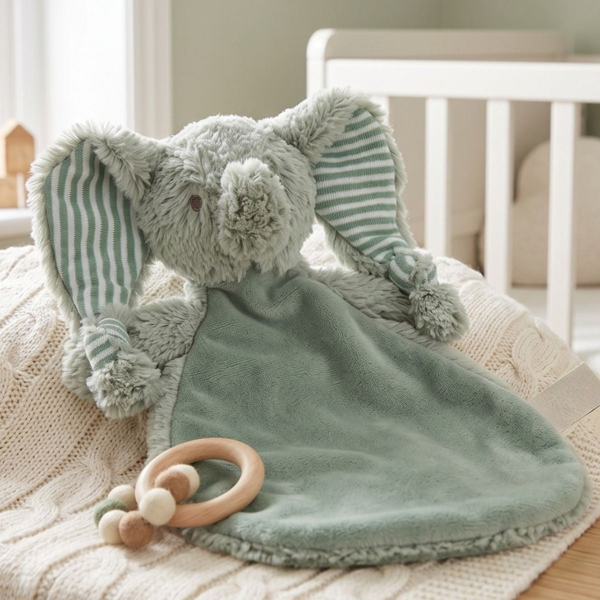 Happy Horse Elephant Eddy sage green plush lovey resting on a soft blanket next to a wooden teething ring in a bright nursery.
