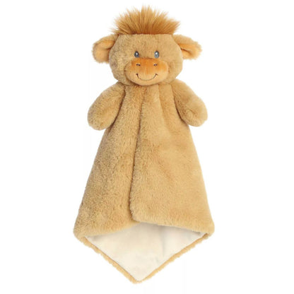 Straight front view of the golden-brown Highland Cow cuddle blanket hanging down, showing its diamond shape and sweet embroidered face.