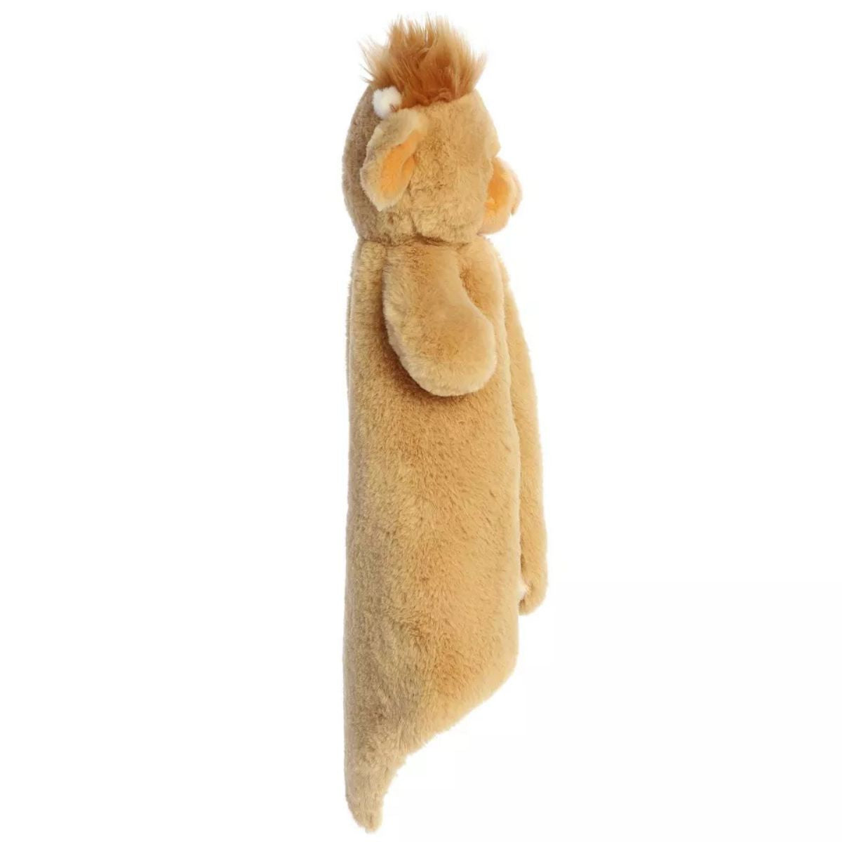Side profile view of the Highland Cow security blanket highlighting its slim, easily huggable profile and fluffy hair tuft.