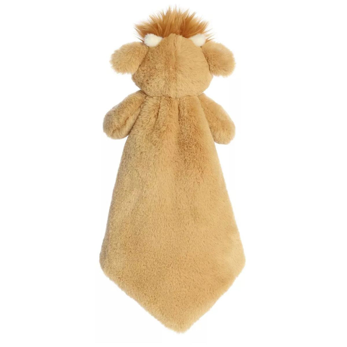Back view of the Aurora Highland Cow plush blanket showcasing its solid golden-brown plush back and cute little ears.