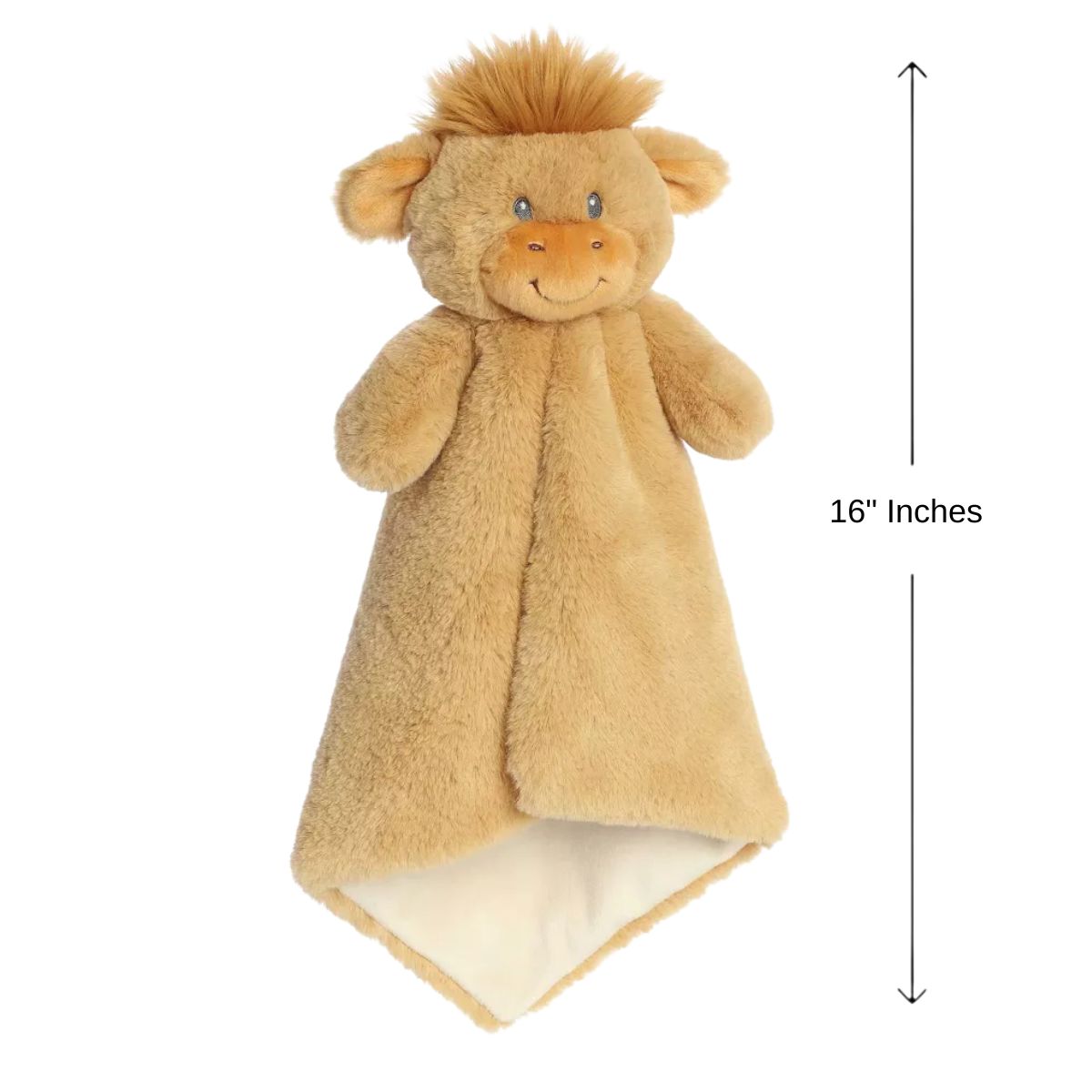 Front view of the Highland Cow security blanket hanging down, with a dimension graphic showing its 16-inch length.