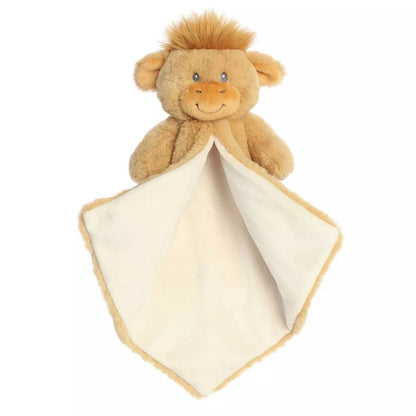 Front view of the 16-inch Aurora Highland Cow Luvster security blanket with the bottom corner folded up to reveal the smooth cream underside.
