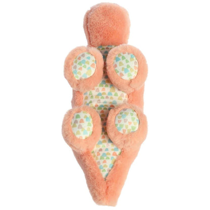 Bottom view of the Aurora dinosaur plush showcasing the colorful patterned fabric on her underbelly and paws.