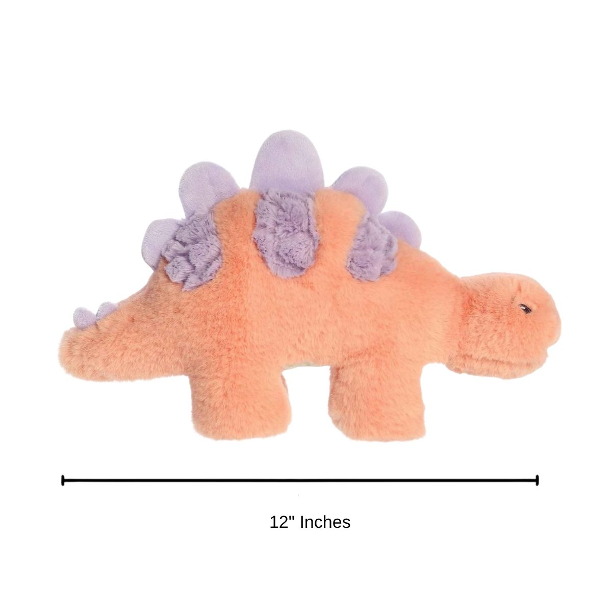 Side profile view of the peach Stegosaurus stuffed animal, with a dimension graphic showing its 12-inch length.