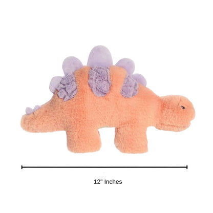 Side profile view of the peach Stegosaurus stuffed animal, with a dimension graphic showing its 12-inch length.