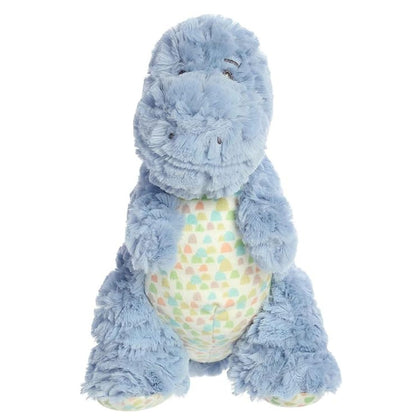 Straight front view of the light blue T-Rex plush sitting upright, showing his friendly embroidered smile and colorful patterned underbelly.