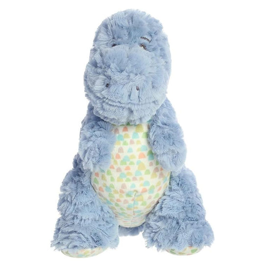 Straight front view of the light blue T-Rex plush sitting upright, showing his friendly embroidered smile and colorful patterned underbelly.