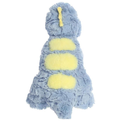 Back view of the Theo T-Rex stuffed animal highlighting his textured blue back, yellow spots, and soft yellow spinal spikes.