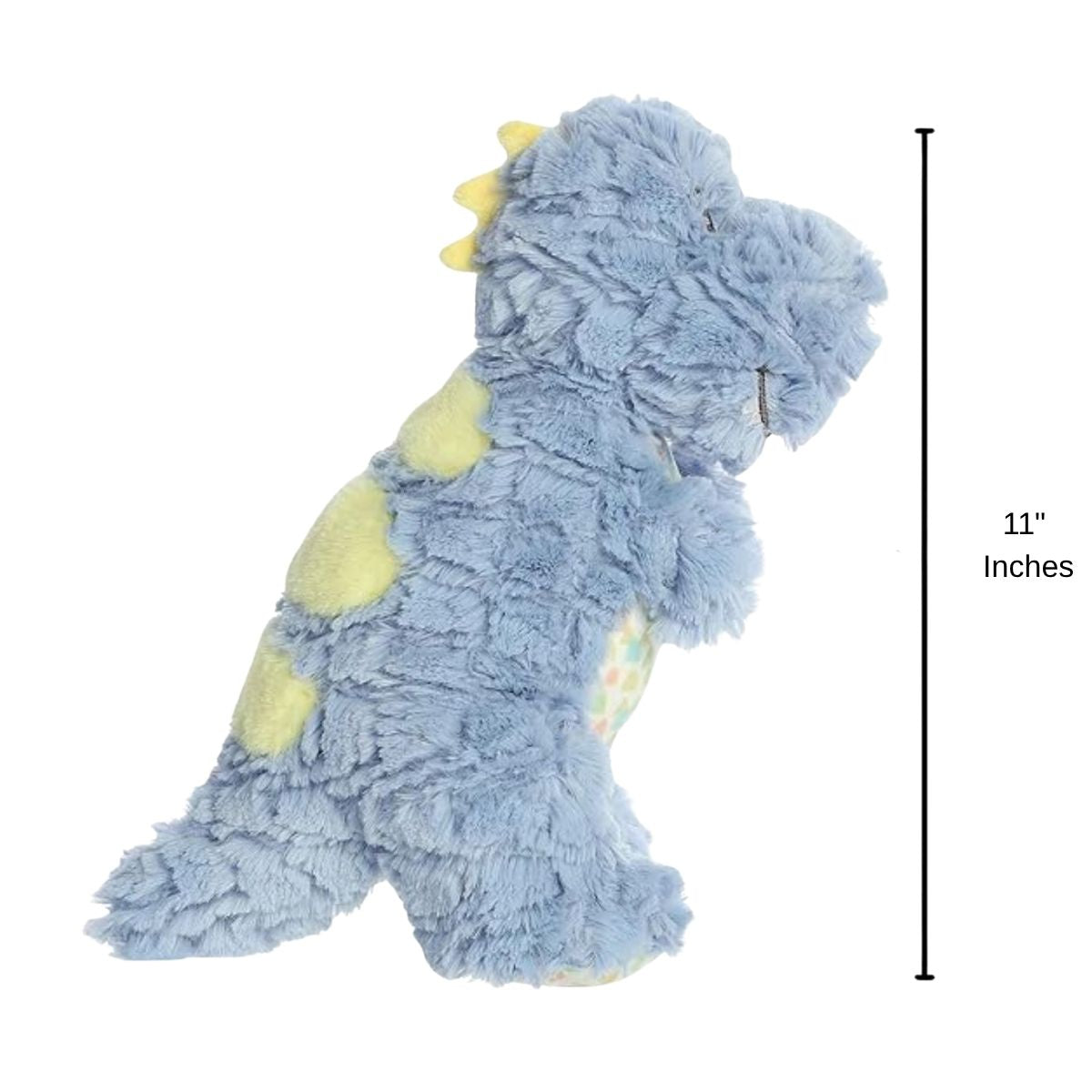 Side profile view of the blue T-Rex stuffed animal standing upright, with a dimension graphic showing its 11-inch height.