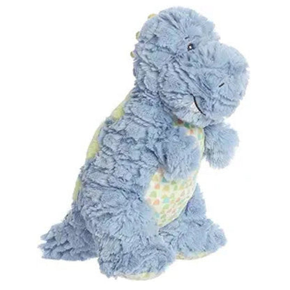 Angled side view of the 11-inch Aurora Softiesaurus Theo T-Rex plush featuring shaggy light blue fur, yellow spikes, and a patterned tummy.
