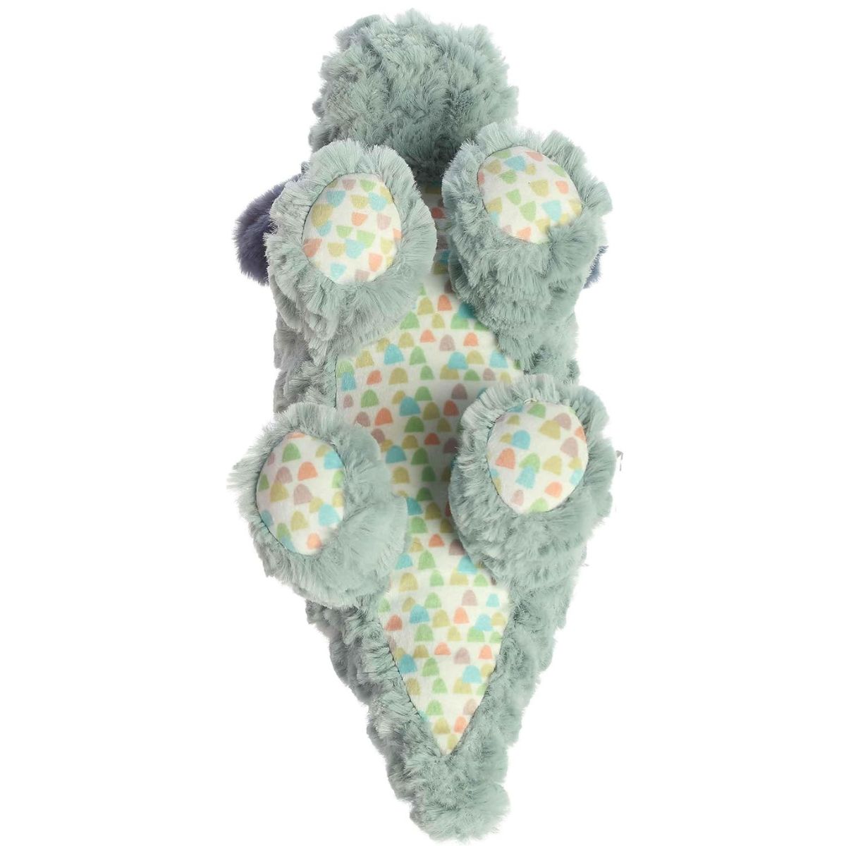 Bottom view of the Aurora dinosaur plush showcasing the colorful dotted pattern fabric on her underbelly and paws.