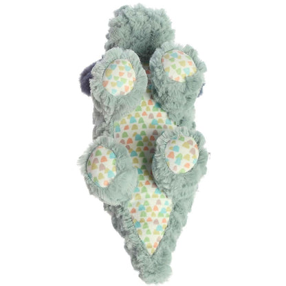Bottom view of the Aurora dinosaur plush showcasing the colorful dotted pattern fabric on her underbelly and paws.