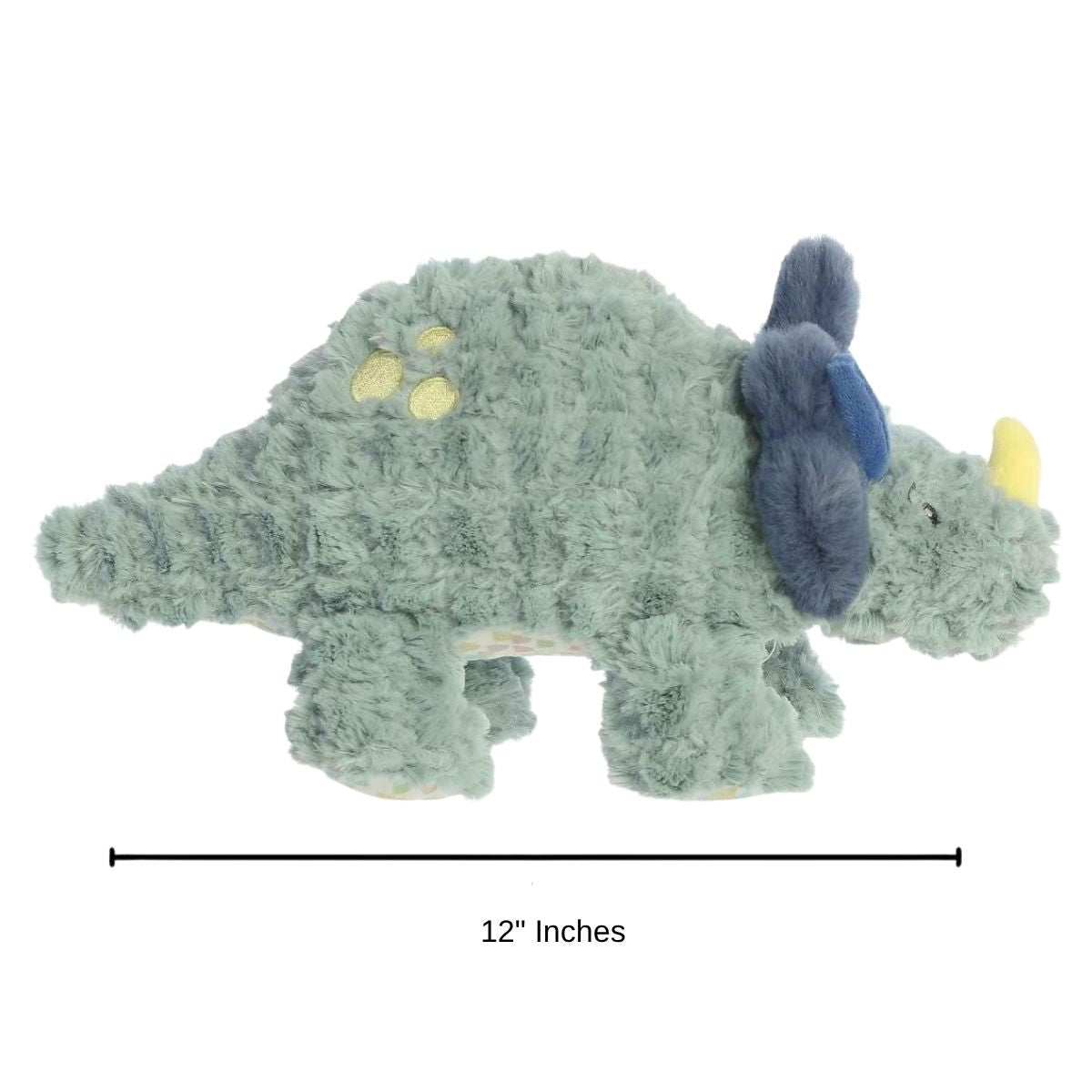 Side profile view of the green Triceratops stuffed animal, with a dimension graphic showing its 12-inch length.